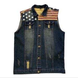 Camo Coll Classic Fashion‎ American Flag Vest Denim Distressed Tang Ku L